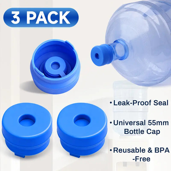 3Pack 3 & 5 Gallon Water Jug Caps, Non-Spill Leak Free Silicone Covers