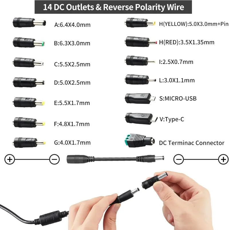 Adjustable Universal Power Supply 3V-24V 3A Max (72W) AC to DC Adapter with 14 Tips & Reverse Polarity Cable