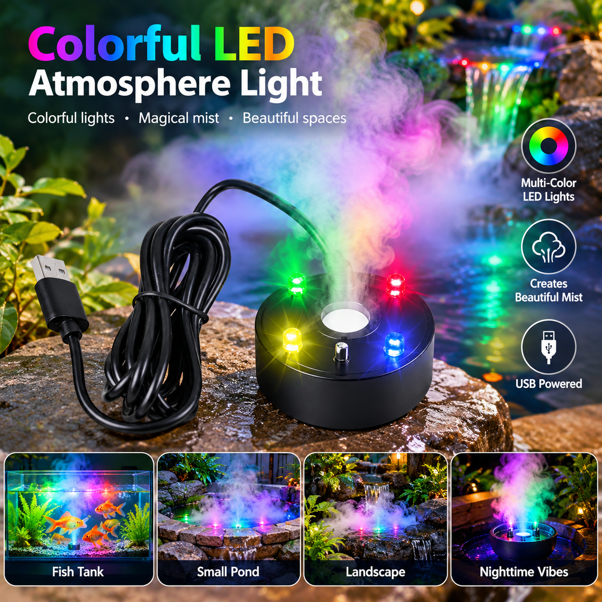 DC 5V Water Fountain Pond Fog Machine LED Color Change Fogger for Halloween Garden Rockery Yard Outdoor