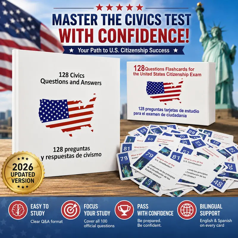 Portable US Citizenship Flash Cards 2026, with 128 Civics Questions and English Literacy Content for Naturalization Test
