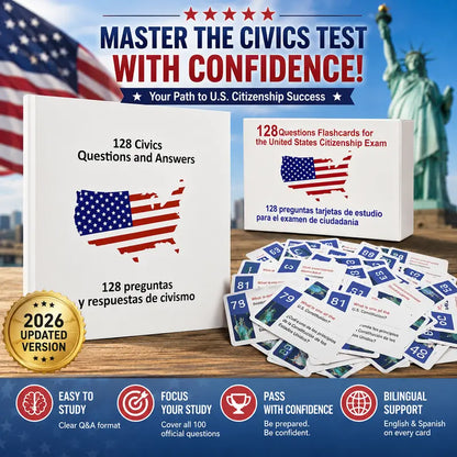 Portable US Citizenship Flash Cards 2026, with 128 Civics Questions and English Literacy Content for Naturalization Test