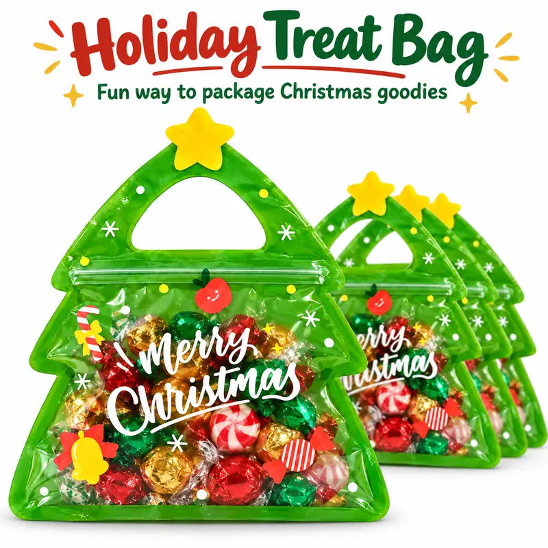 30 Pcs Christmas Party Candy Resealable Bags, Christmas Tree Shaped Plastic Zipper Snack Bags with Handles