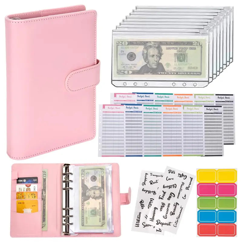 A6 Budget Binder Set 12pcs Budget Sheets & 8 Counts Binder Pockets & 10pcs Multi-colored Labels