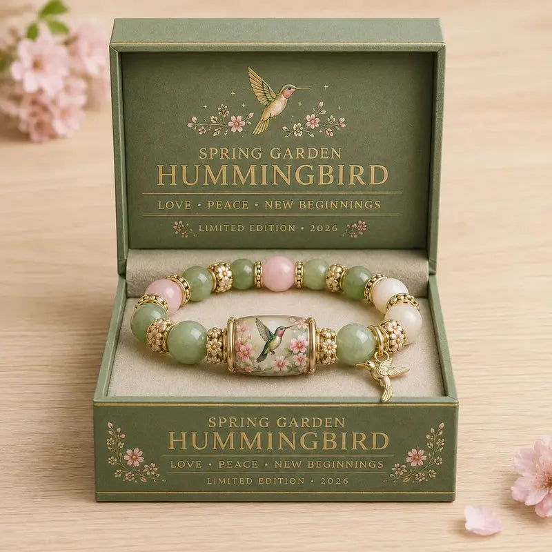 Limited Edition Hummingbird Floral Stone Bracelet, Mixed Rose Quartz & Green Aventurine Beads With 3D Hummingbird Charm
