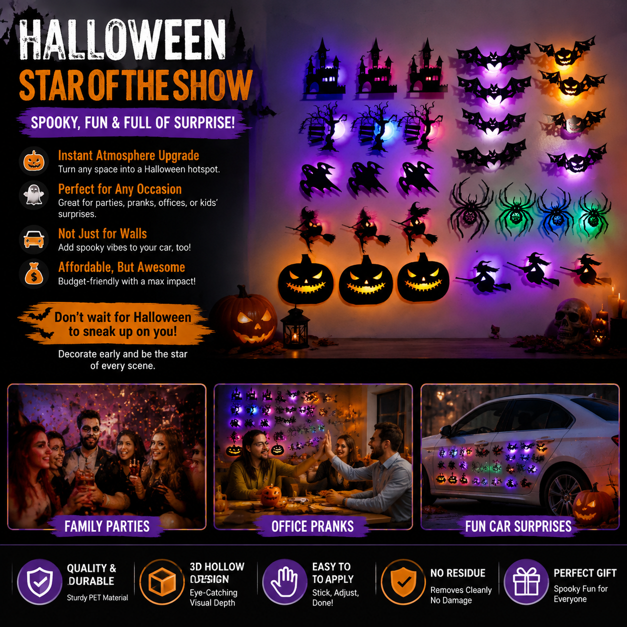 8/30Pcs 3D Cutout Night Light Set Pack - Removable Spooky Glow Wall Stickers