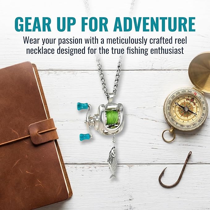 Fishing Reel Necklace, Necklace with Rotating Handle & Moving Line Guide, Interactive Angler Jewelry