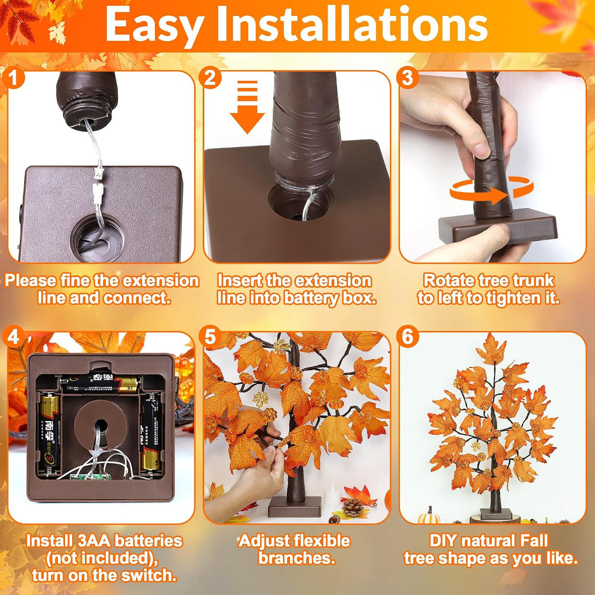 24 Inch Fall Maple Tree with 48LED Battery Operated Lighted Tabletop Artificial Tree with Pumpkin Acorn Maple Fall