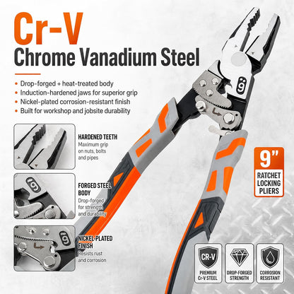 9″ Grip Pliers with Ratchet Self-Locking, 4-in-1 One Hand Tool