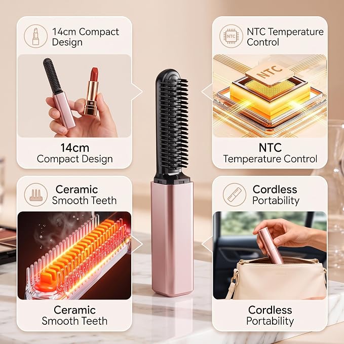 Mini Heated Styling Comb, USB-Powered Bang Curler, Heats up in 15 Seconds