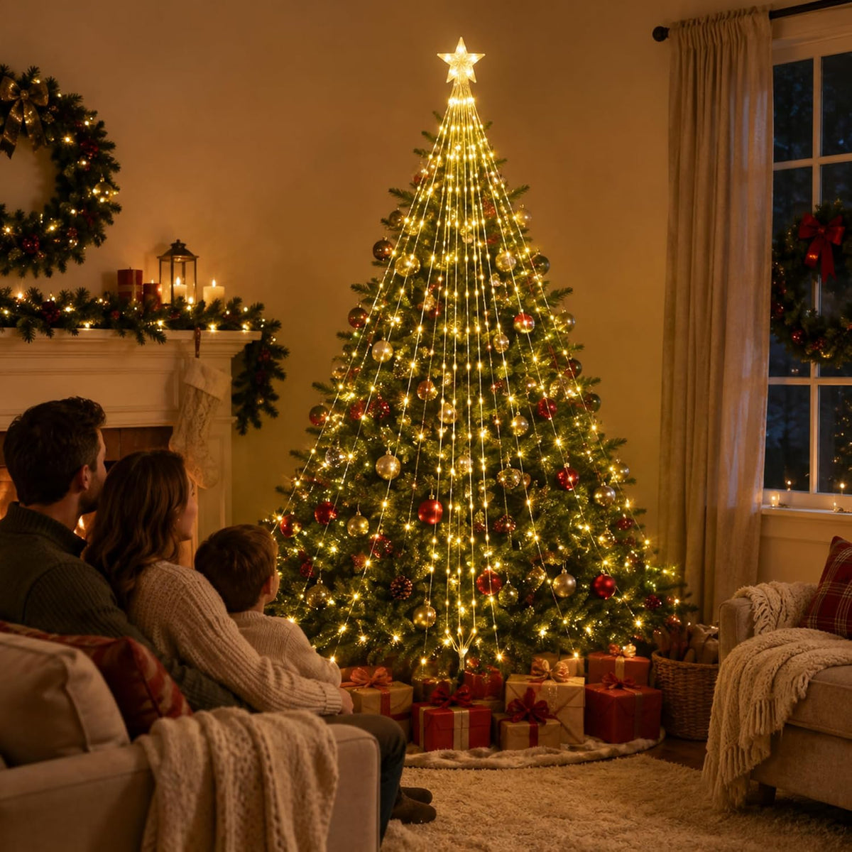 Christmas Tree Lights with Star Topper, 400LED Christmas String Lights with Ring for Tree, 6.6FT x 12Lines Fairy Lights with 8 Modes Timer Remote