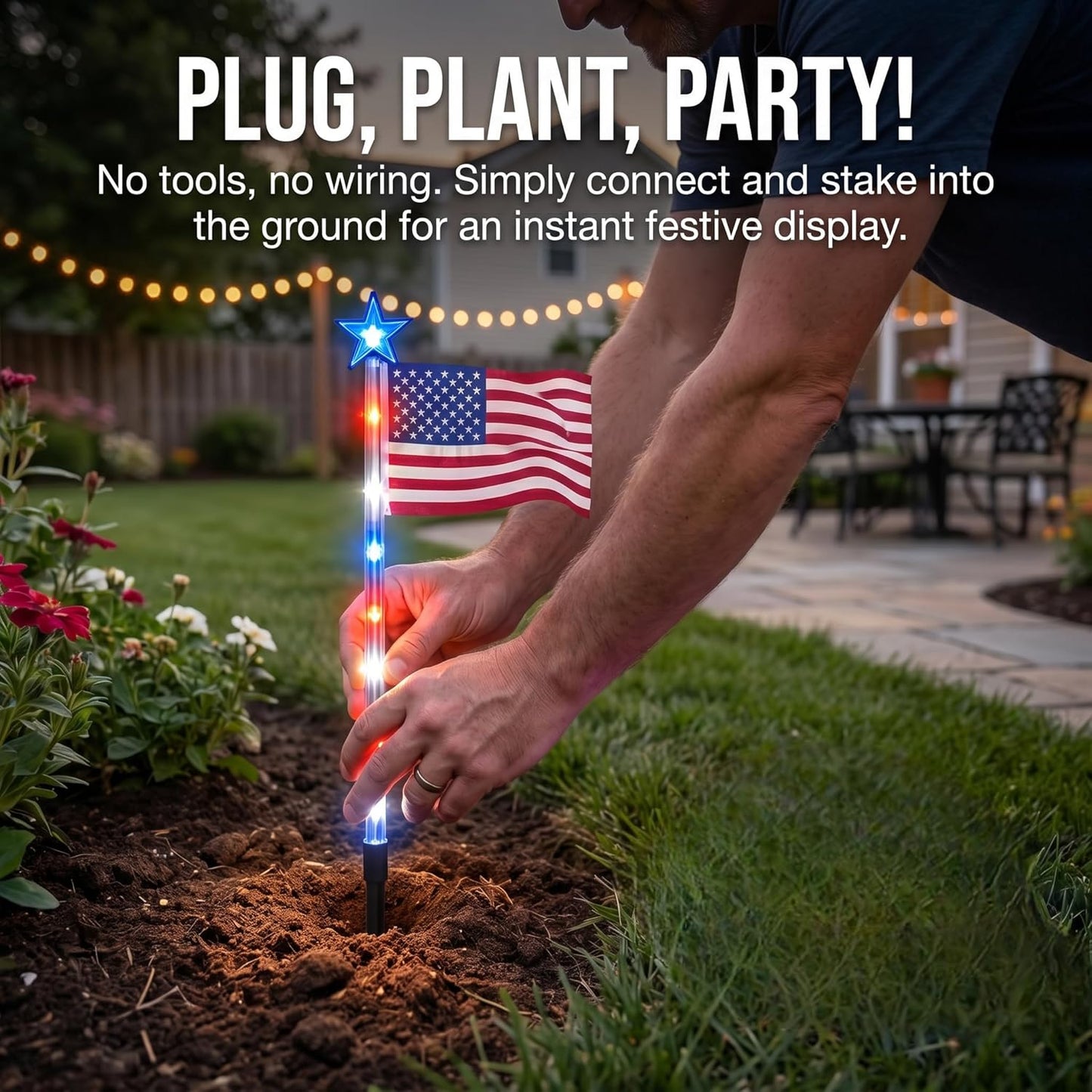 8 Pack Solar American Flag Lights Outdoor, Solar Red White and Blue Star Pathway Stake Lights