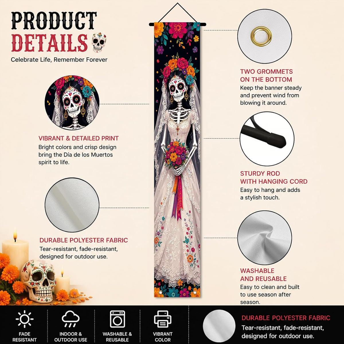 1 Set Dia De Los Muertos Decorations Porch Banner Skull Day of the Dead Party Outdoor Indoor
