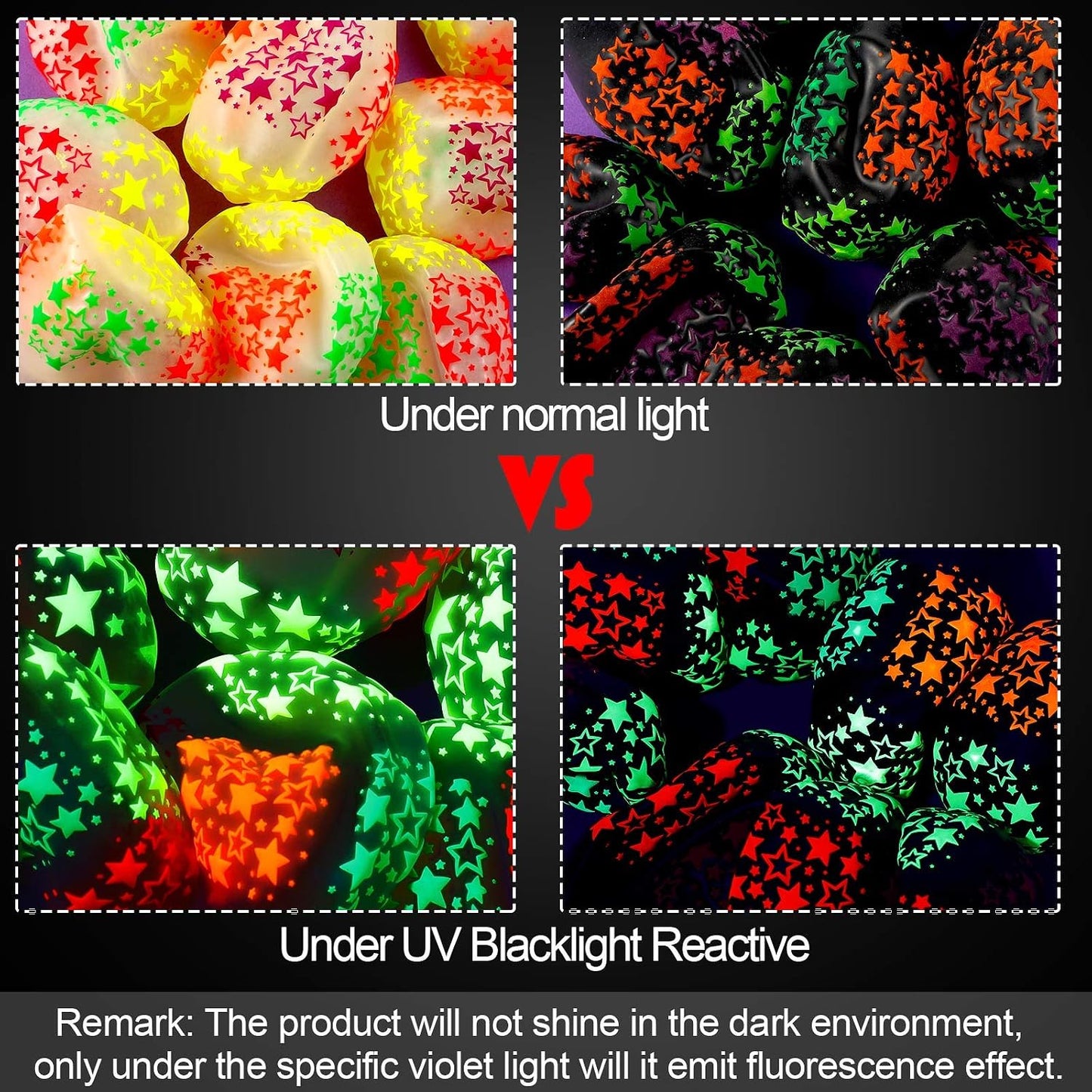 100 Pieces Neon Glow Balloons Neon Stars Glow in Blacklight Black Light Fluorescent Mini Stars