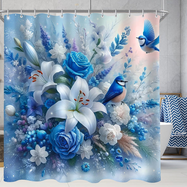 Blue Bird Shower Curtain, Weighted Hem, Anti-Mould, Water-Repellent, Washable with 12 Eyelets & Curtain Rings