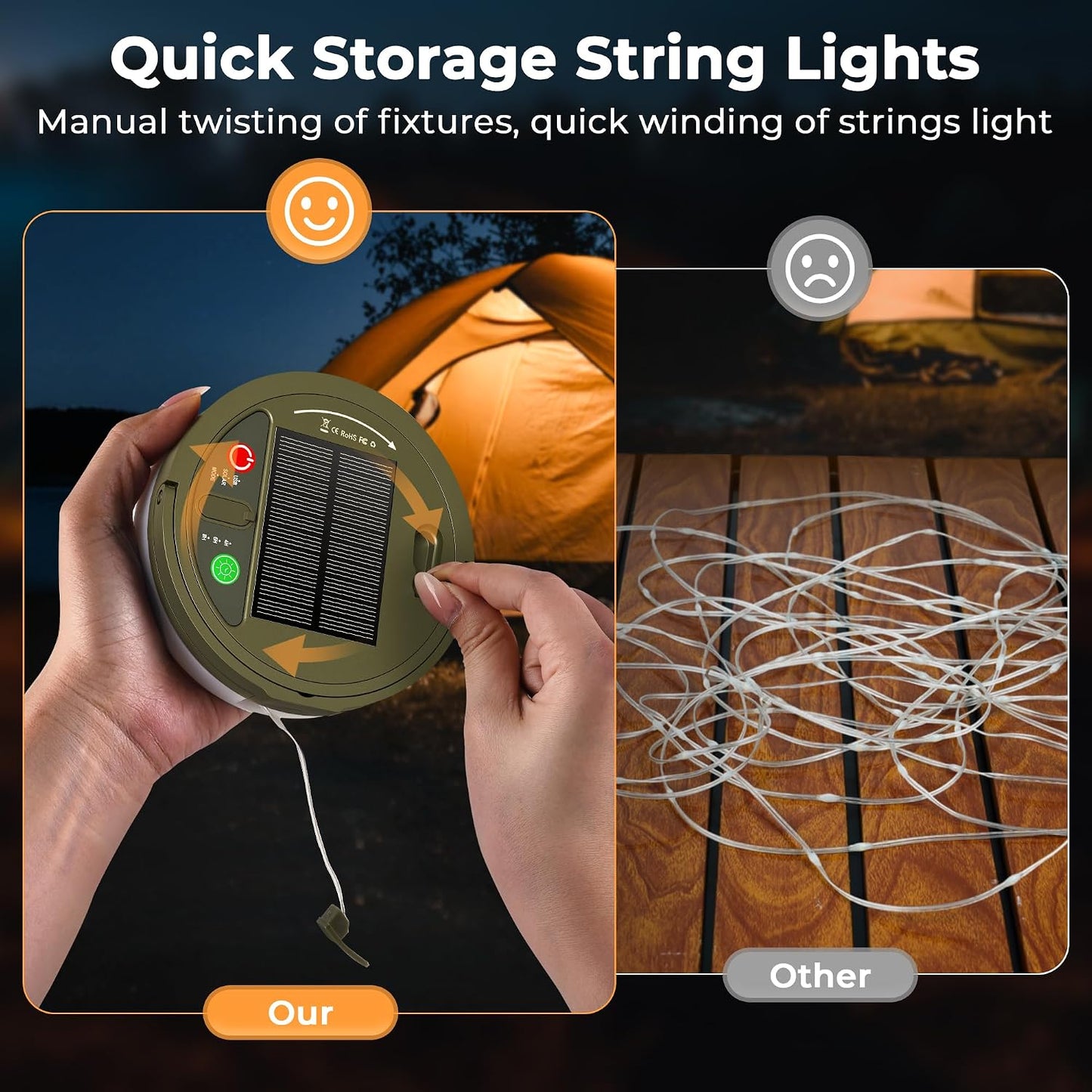 Solar & USB Rechargeable Camping Lights String, 33FT Retractable 3 in 1 Camping Lights 13 Modes