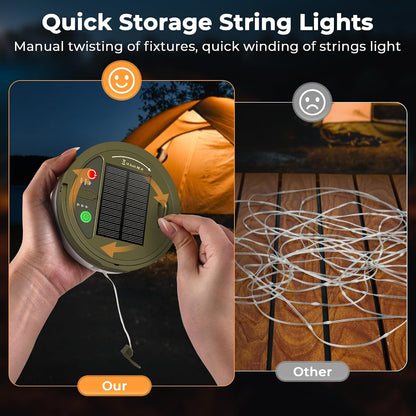 Solar & USB Rechargeable Camping Lights String, 33FT Retractable 3 in 1 Camping Lights 13 Modes