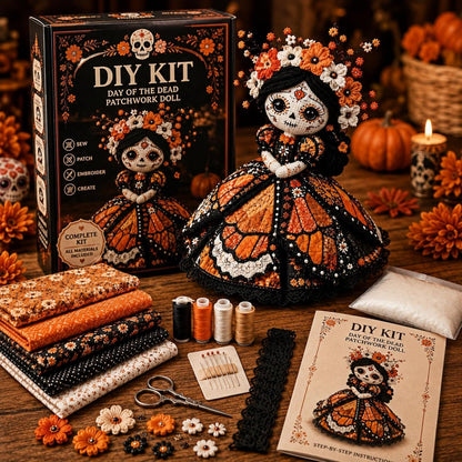 Day of the Dead Patchwork Doll DIY Sewing Kit – Handmade Fabric Doll Craft Kit with Floral Details