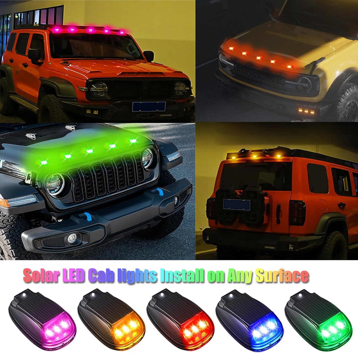 2PCS Solar-Powered Cab Lights for Trucks & SUVs | No-Drill Strobe Light with Remote Control & Vibration