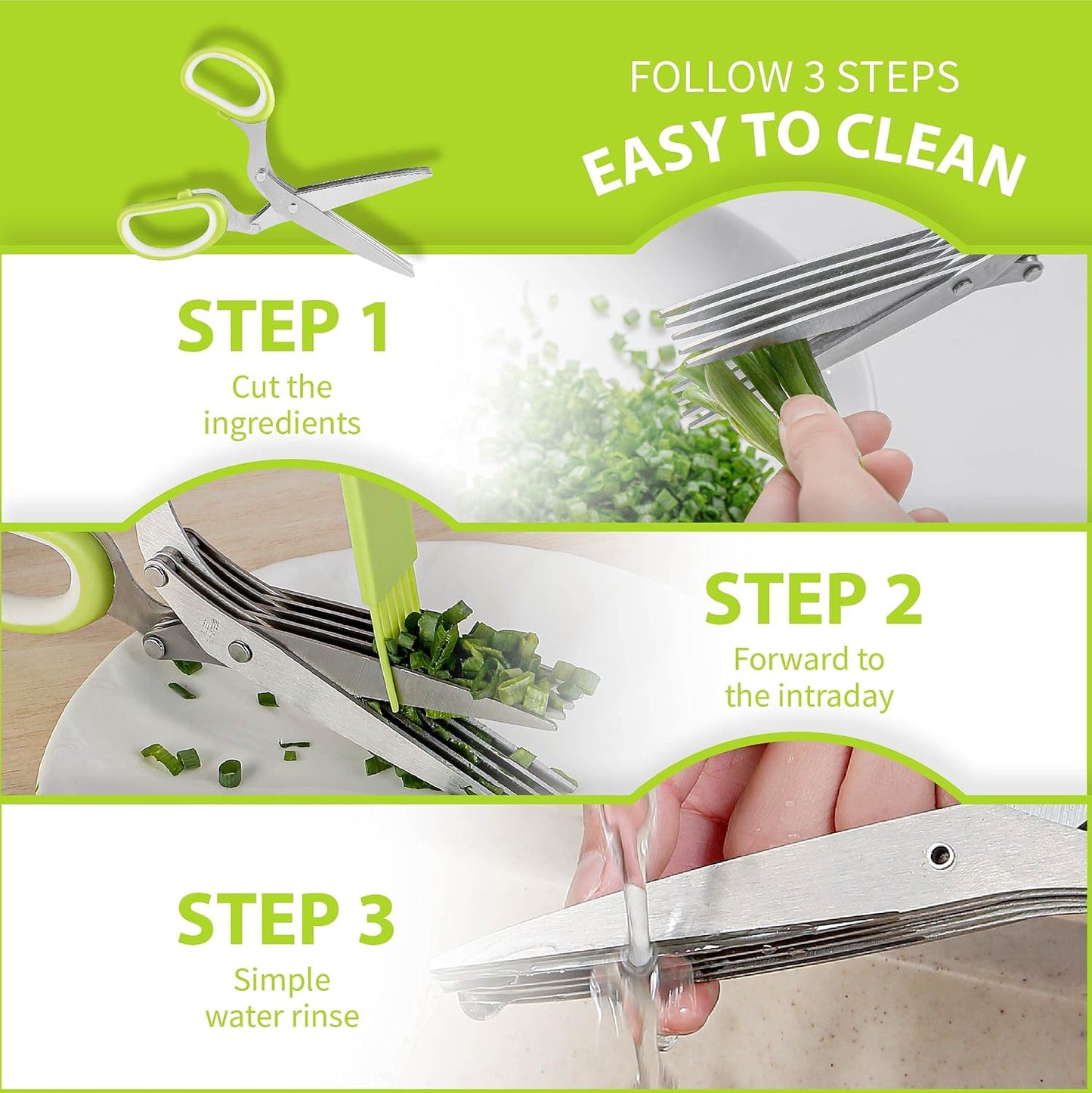 Scissors with 5 Blades & Cleaning Kit, Stainless Steel Kitchen Shears for Herbs, Lettuce, Cilantro, Dishwasher Safe, Soft-Grip Handle