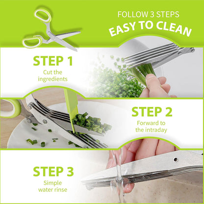 Scissors with 5 Blades & Cleaning Kit, Stainless Steel Kitchen Shears for Herbs, Lettuce, Cilantro, Dishwasher Safe, Soft-Grip Handle