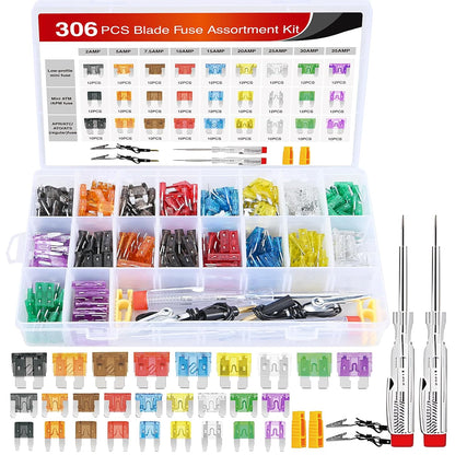 306 Pcs Automotive Blade Fuse Kit Standard Mini Low-Profile Fuse Assortment with Fuse Puller and Circuit Tester
