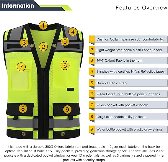 Visibility Reflective Safety Vests With 15 Pockets And Zipper Front