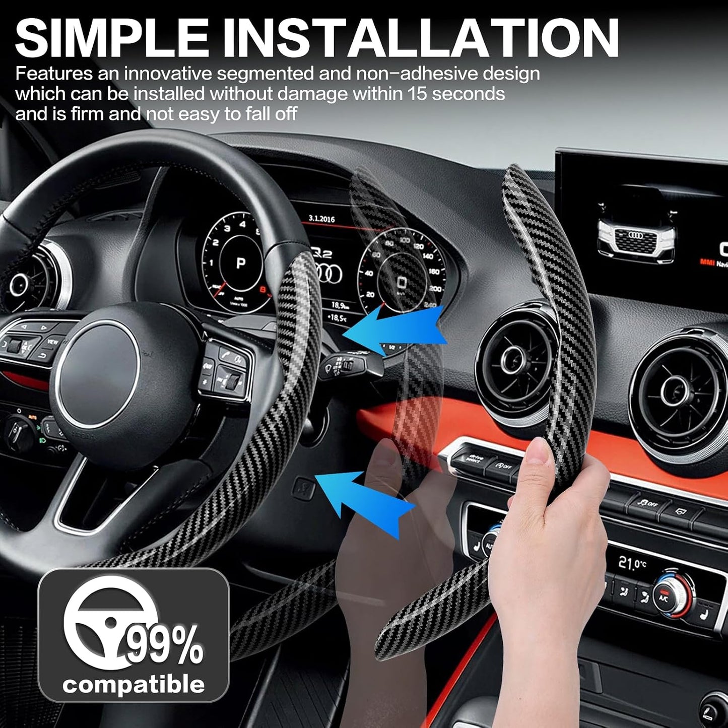 3Pcs Car Non-Slip Steering Wheel Protector, Universal 15 Inch, Carbon Fiber Design