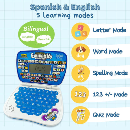 Bilingual Kids Laptop with English&Spanish, Interactive Music Function Rereading Keyboard Educationa