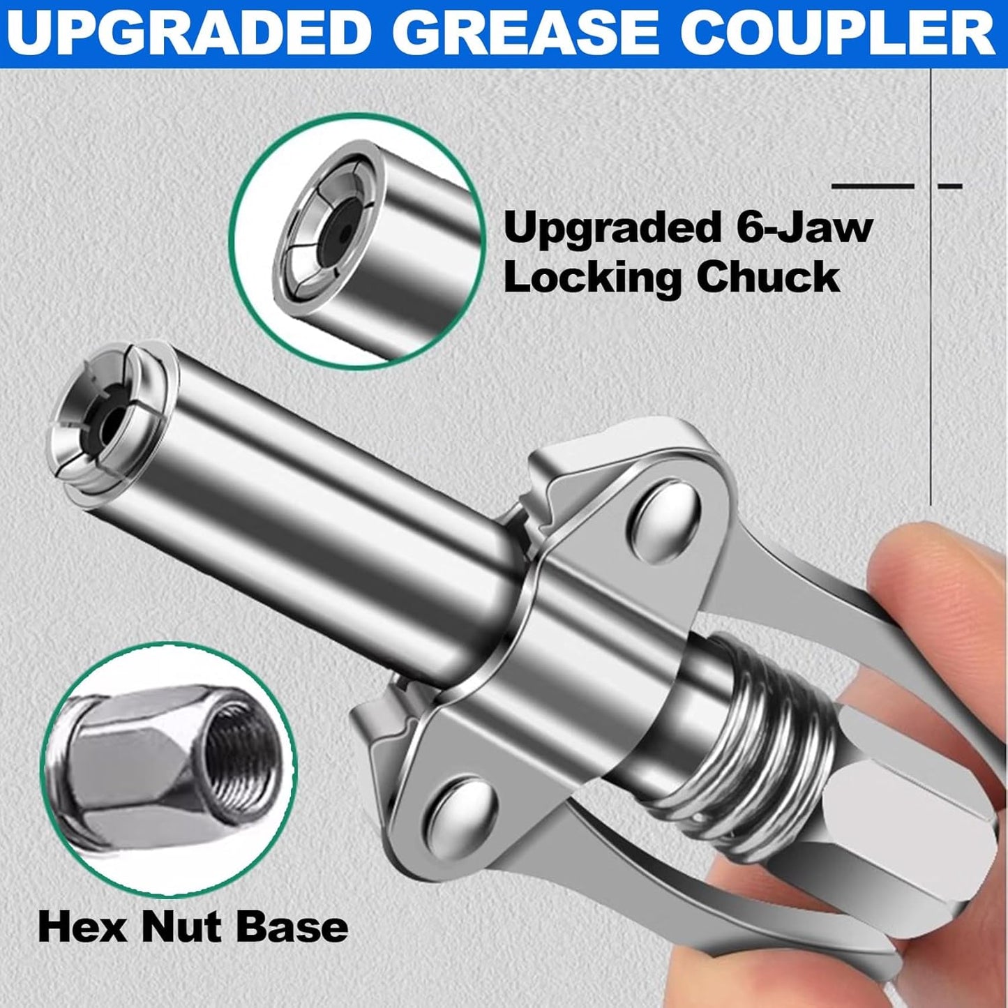 Quick Lock Double Handles Grease Gun Tip with 6 Thickened Claws, Compatible with All Grease Guns