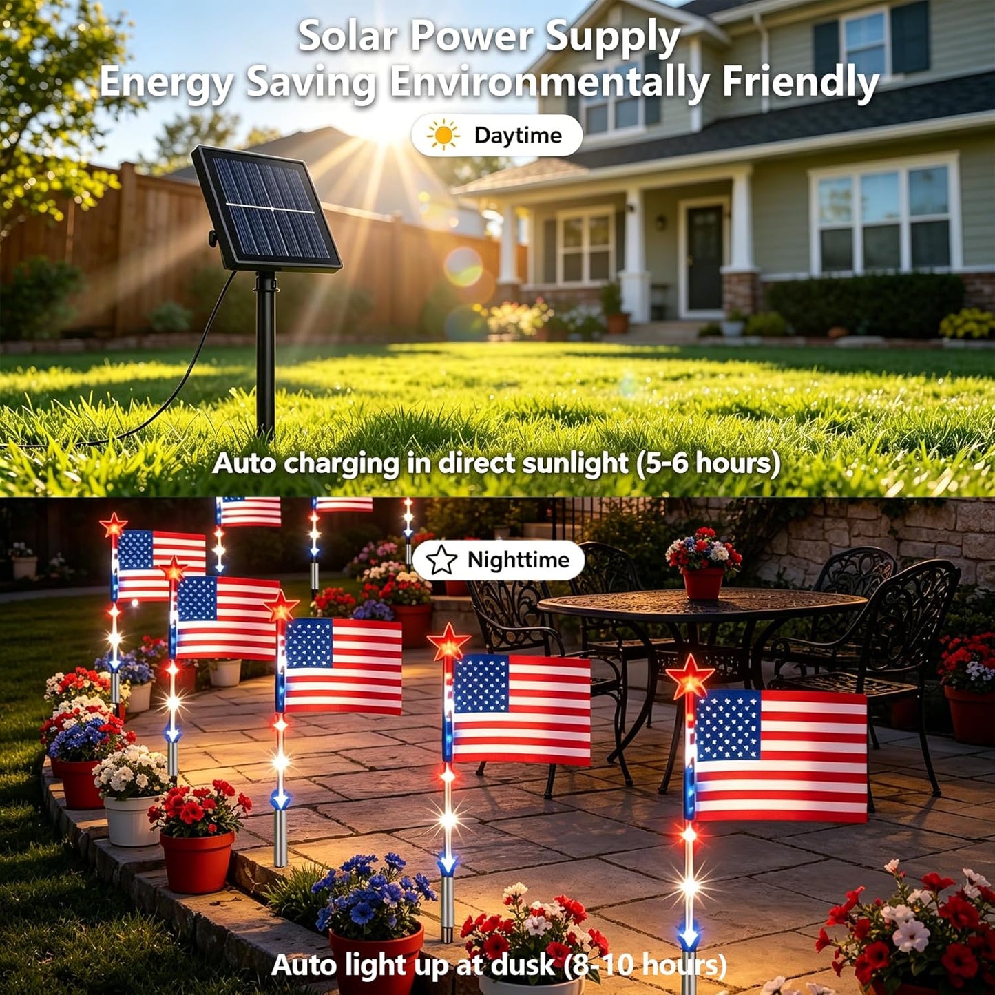 8 Pack Solar American Flag Lights Outdoor, Solar Red White and Blue Star Pathway Stake Lights
