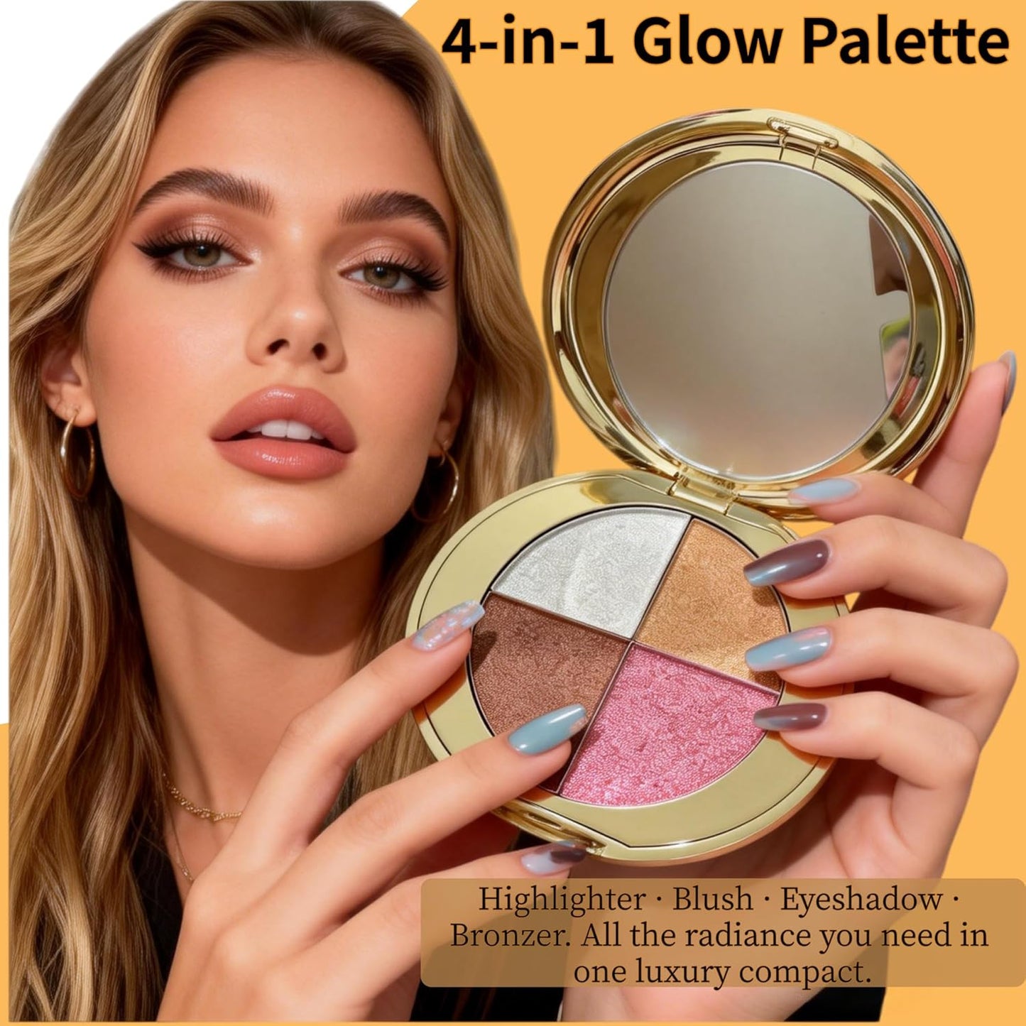 2Pcs 4-Color Highlighter & Blush Palette, Shimmer Eyeshadow Makeup Kit