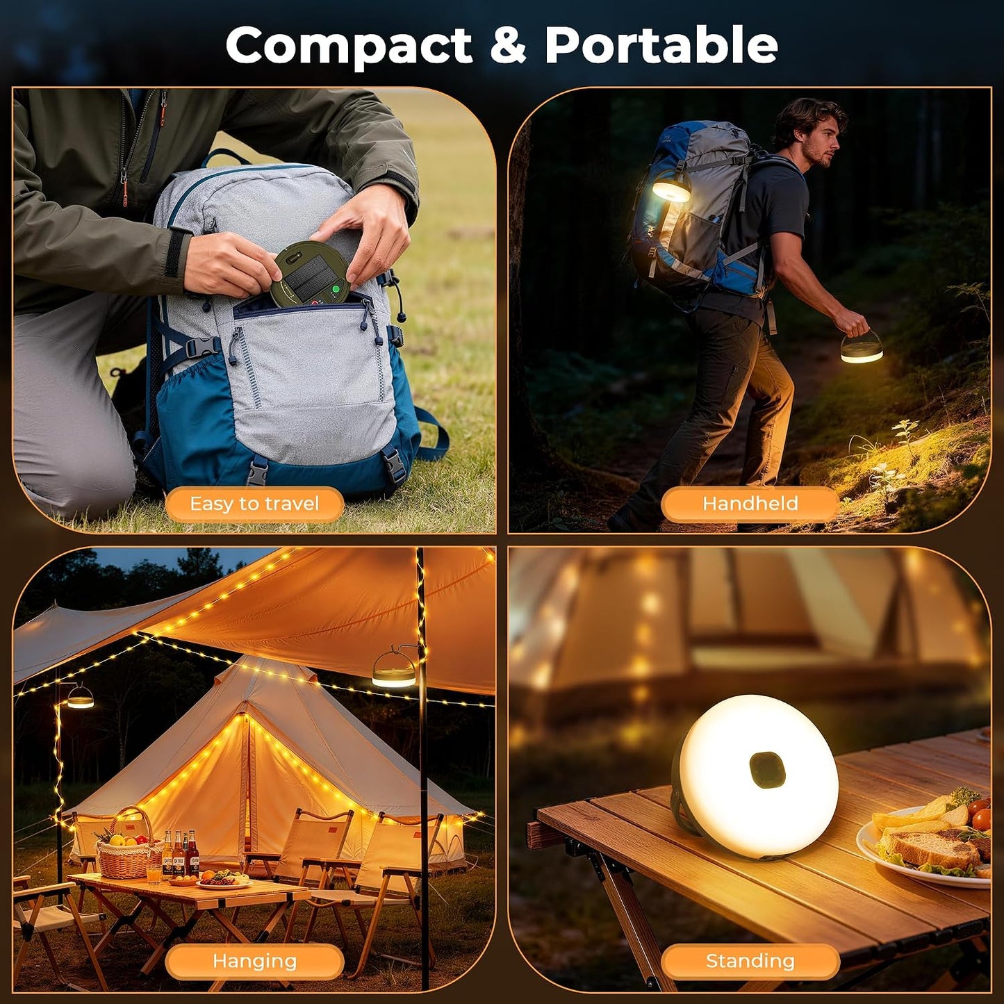 Solar & USB Rechargeable Camping Lights String, 33FT Retractable 3 in 1 Camping Lights 13 Modes