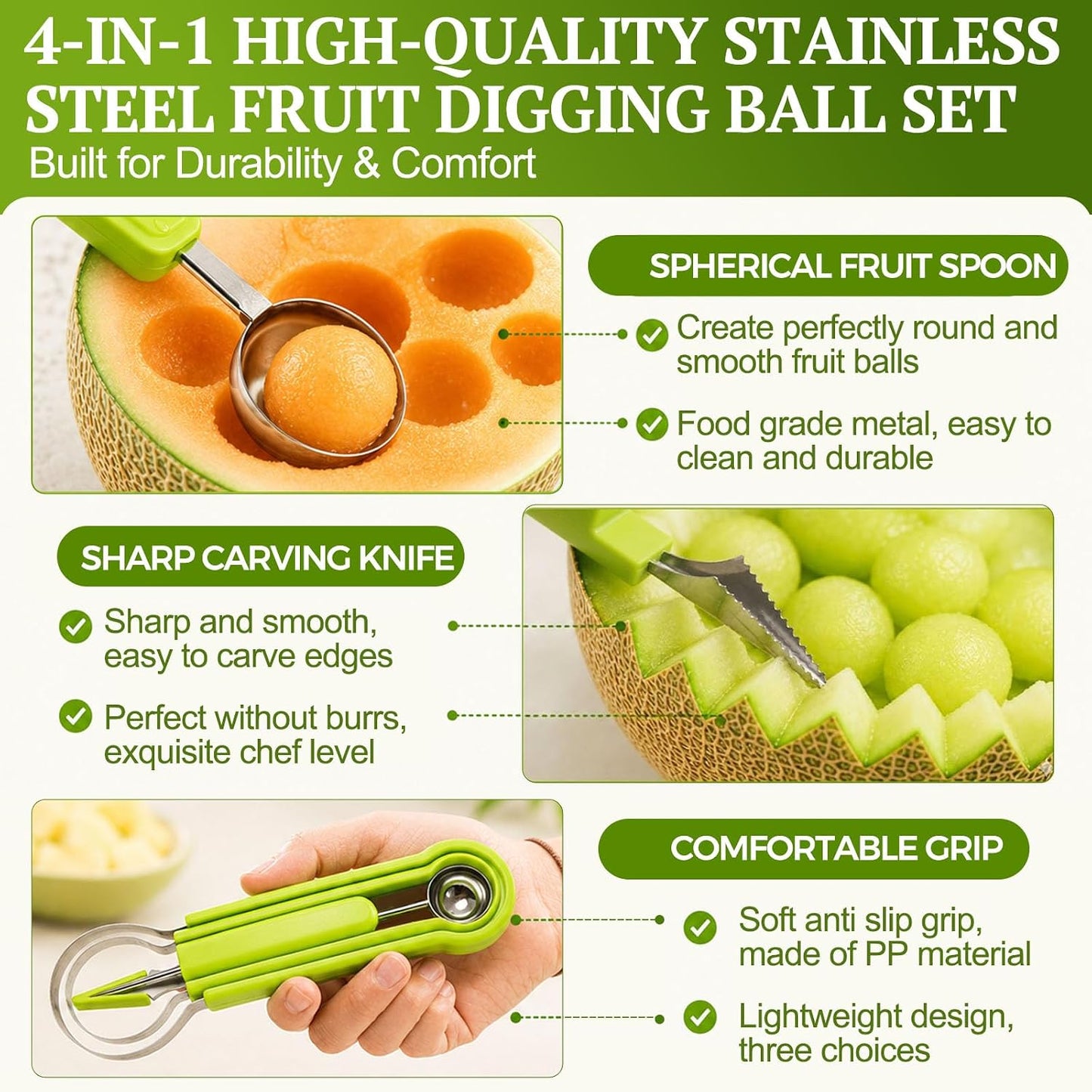 4 in 1 Melon Baller Scoop Set, Stainless Steel, Fruit Cutters Shapes