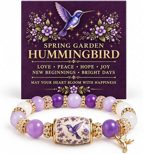 Limited Edition Hummingbird Floral Stone Bracelet, Mixed Rose Quartz & Green Aventurine Beads With 3D Hummingbird Charm