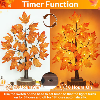 24 Inch Fall Maple Tree with 48LED Battery Operated Lighted Tabletop Artificial Tree with Pumpkin Acorn Maple Fall