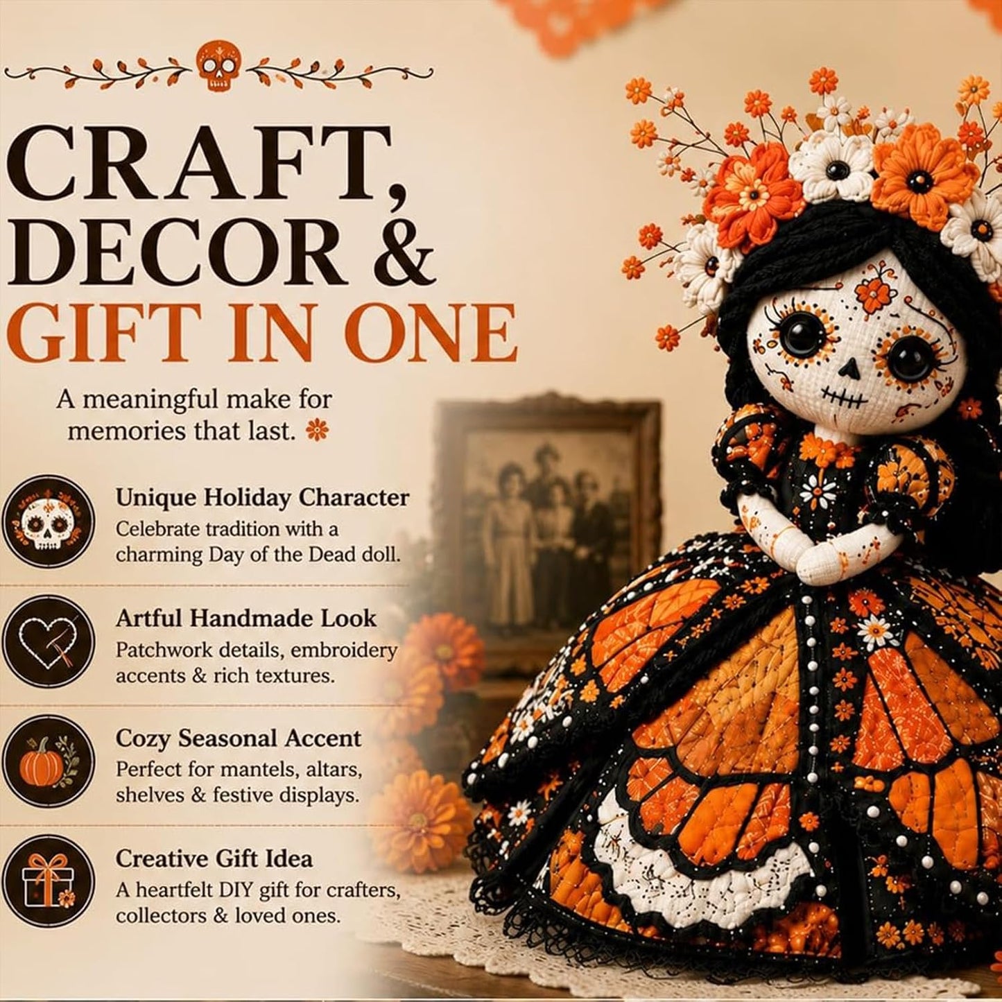 Day of the Dead Patchwork Doll DIY Sewing Kit – Handmade Fabric Doll Craft Kit with Floral Details