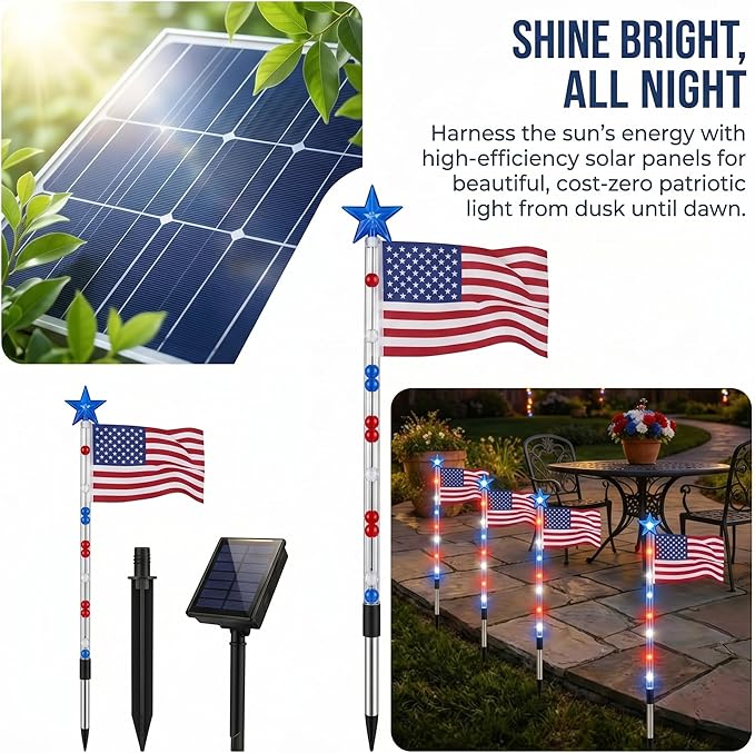8 Pack Solar American Flag Lights Outdoor, Solar Red White and Blue Star Pathway Stake Lights
