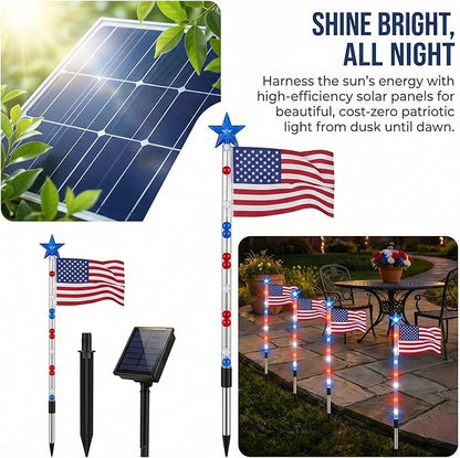 8 Pack Solar American Flag Lights Outdoor, Solar Red White and Blue Star Pathway Stake Lights