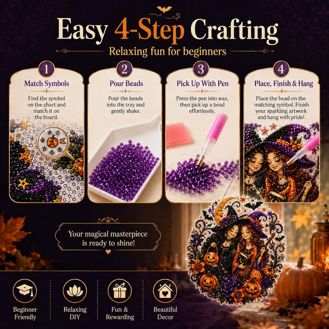 Halloween Witch Friendship Diamond Art Window Suncatcher - Halloween Pearl Art Kit