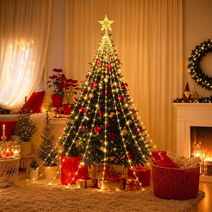 Christmas Tree Lights with Star Topper, 400LED Christmas String Lights with Ring for Tree, 6.6FT x 12Lines Fairy Lights with 8 Modes Timer Remote