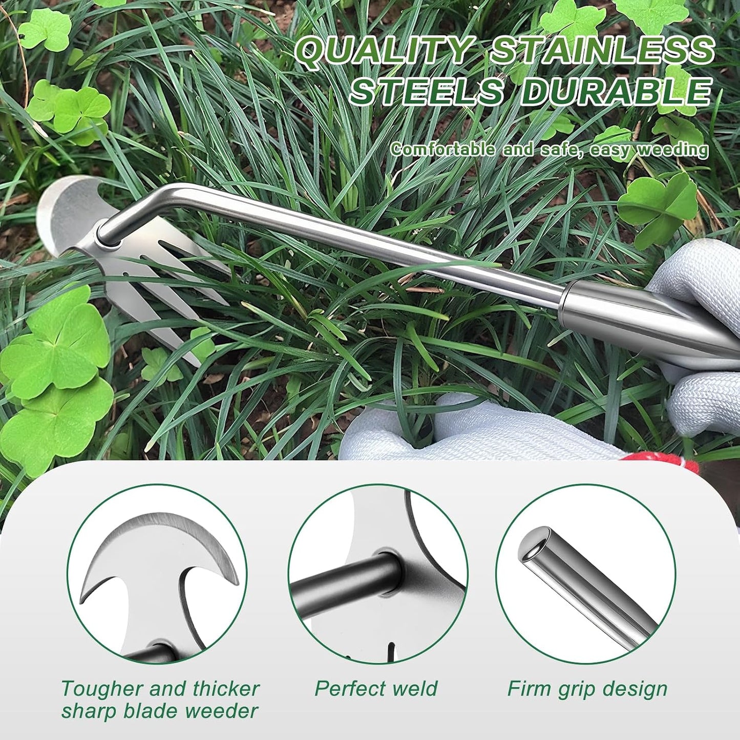 Stainless Steel Handle Manual Weeder Tool, 4-Tooth Weeder Tool for Gardening 16inch