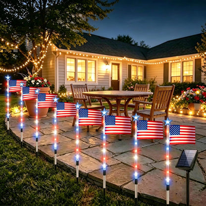 8 Pack Solar American Flag Lights Outdoor, Solar Red White and Blue Star Pathway Stake Lights