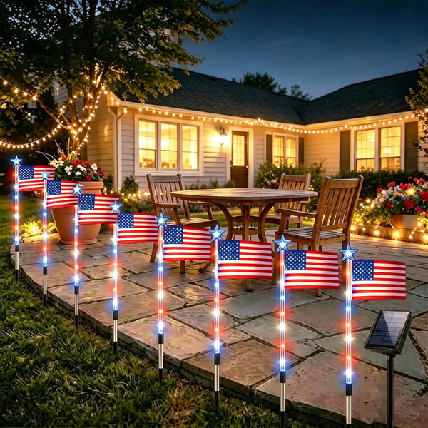8 Pack Solar American Flag Lights Outdoor, Solar Red White and Blue Star Pathway Stake Lights