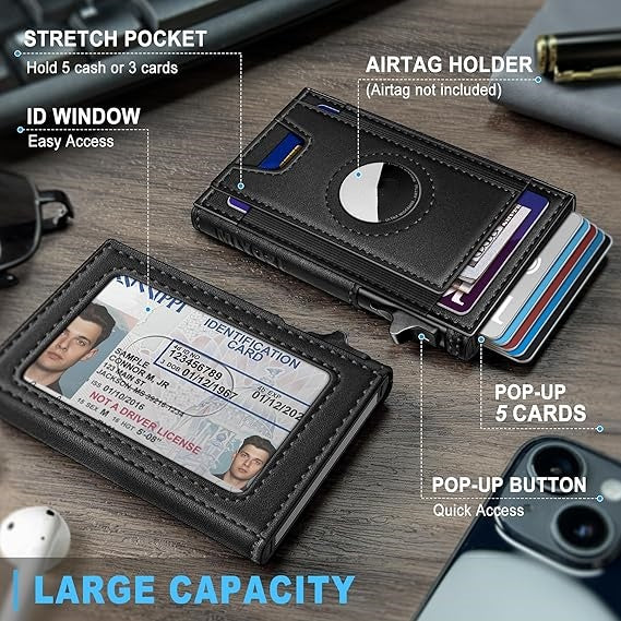 Men's Slim RFID Leather Wallet with AirTag Holder - Pop Up Credit Card Holder RFID Blocking