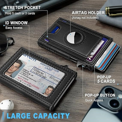 Men's Slim RFID Leather Wallet with AirTag Holder - Pop Up Credit Card Holder RFID Blocking