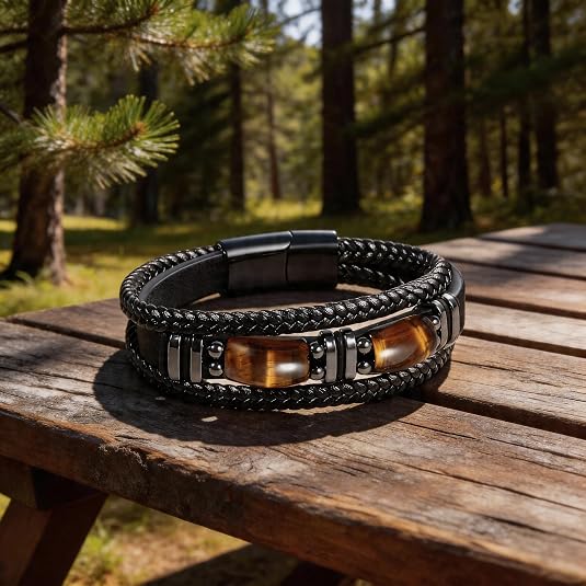 Tiger Eye Black Leather Bracelet Men Courage And Stress Relief Protection Bracelet