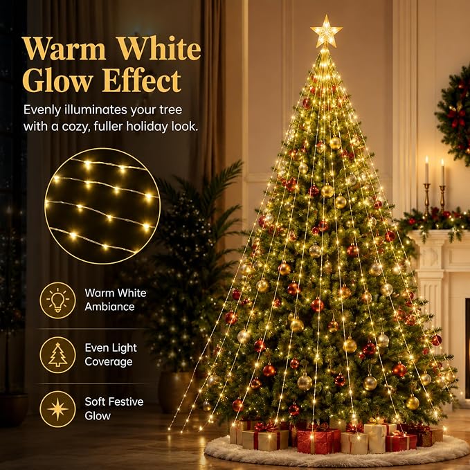 Christmas Tree Lights with Star Topper, 400LED Christmas String Lights with Ring for Tree, 6.6FT x 12Lines Fairy Lights with 8 Modes Timer Remote