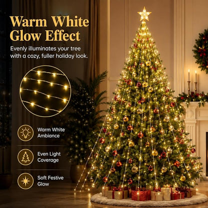 Christmas Tree Lights with Star Topper, 400LED Christmas String Lights with Ring for Tree, 6.6FT x 12Lines Fairy Lights with 8 Modes Timer Remote