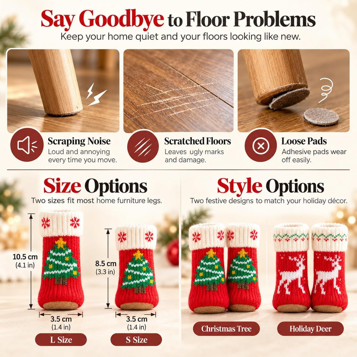 8Pcs Christmas Chair Leg Socks with Felt Pads, Floor Protectors