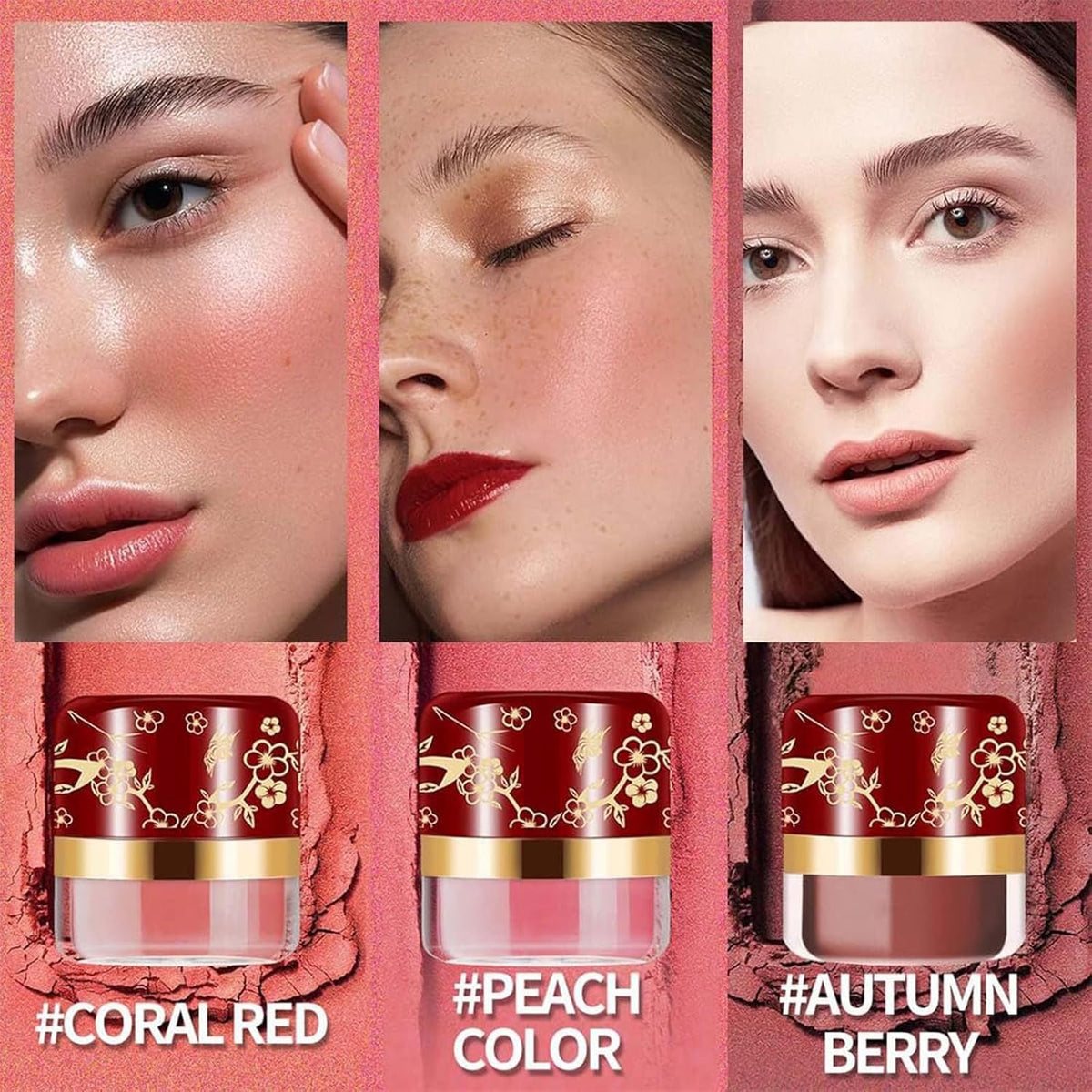 3-Pack Easy-Apply Blush Makeup Set with Built-In Mirror for Quick